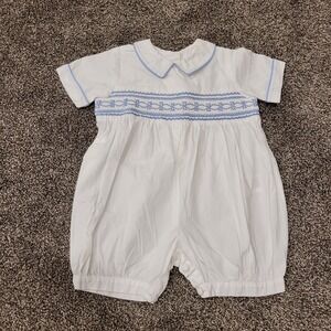 Annafie London Baby Boy White Blue Hand Smocked Cotton Bubble Romper 12M